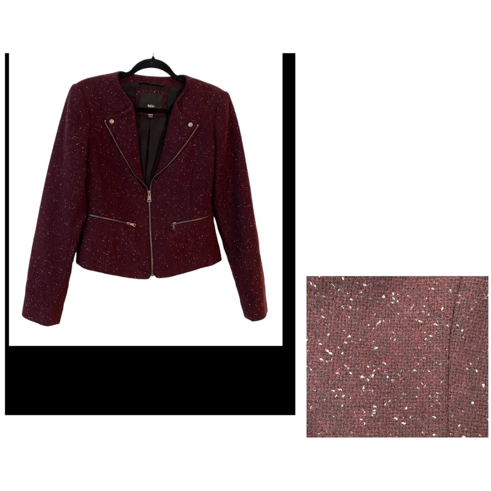 Womens Tweed Speckled Moto Jacket Deep Burgundy Size M Medium Zip Pockets